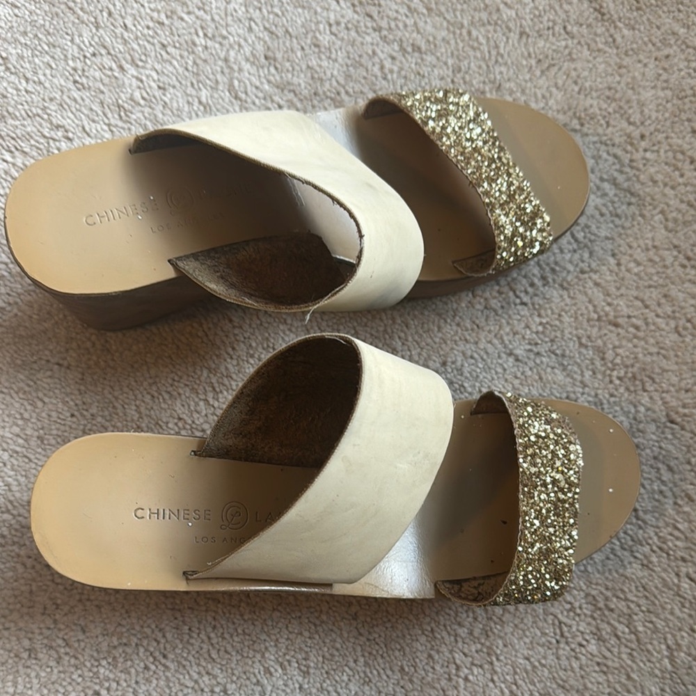 Chinese Laundry Gold and Cream Women's Sandals - Picture 2 of 4